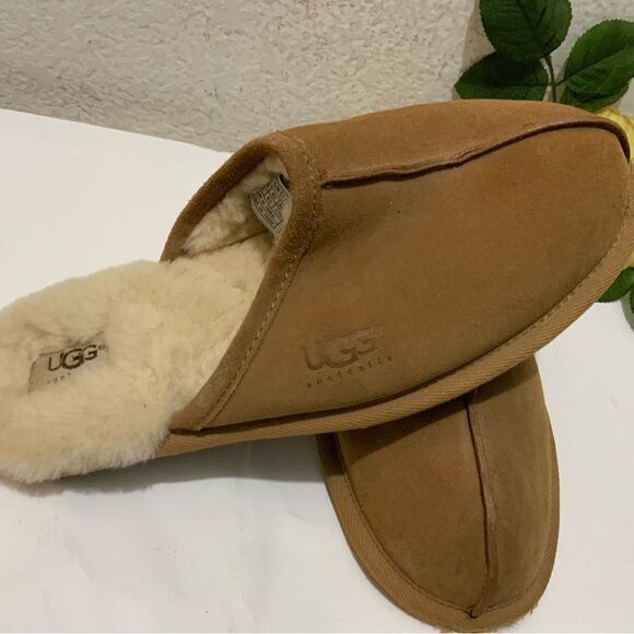 UGG Authentic Mens Scuff Leather Cozy Slippers Shoes Tan 5172 size9 - Picture 4 of 9